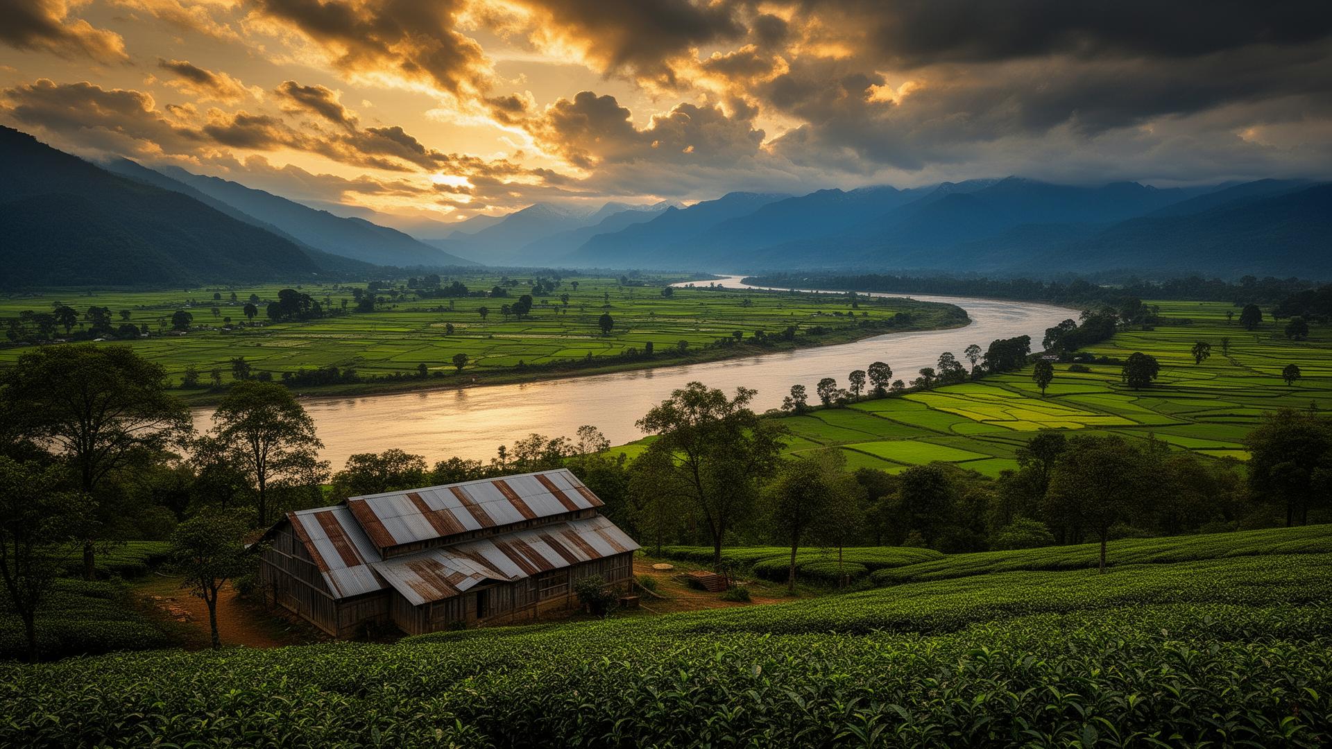 Brahmaputra Valley tea region — cinematic landscape